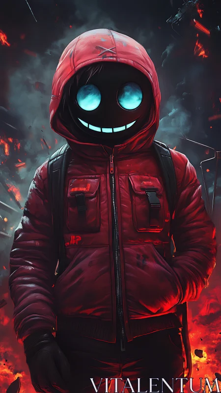 Smiling ember wanderer strolls through a digital inferno night