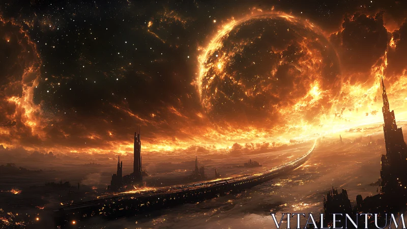 Apocalyptic megaplanet over infernal cityscape in cinematic detail