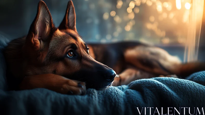 German shepherd rests on bed in gentle sunset glow.