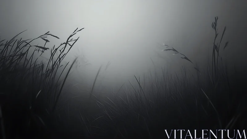 Foggy monochrome grassland with soft backlit horizon.