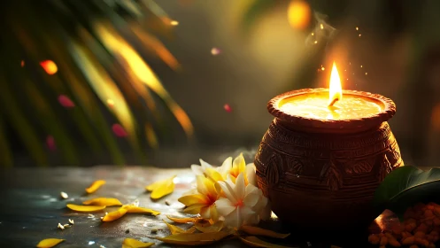 Clay oil lamp with marigold petals and frangipani flowers.