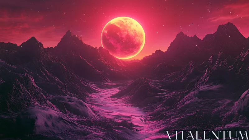 Crimson moon pours molten light across alien canyons