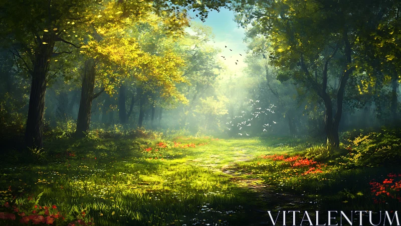 Forest pathway with atmospheric illumination and botanical elements.