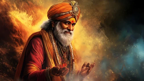 Gentle spiritual elder glows in warm, mystical light