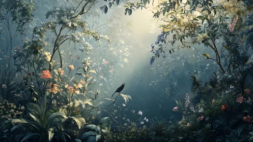 Sunlit forest glade with lone bird amid lush blossoms.