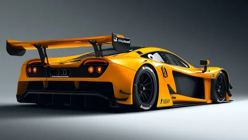 Yellow GT race car render with large rear wing profile.