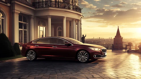 Crimson luxury sedan glides before sunset city manor.