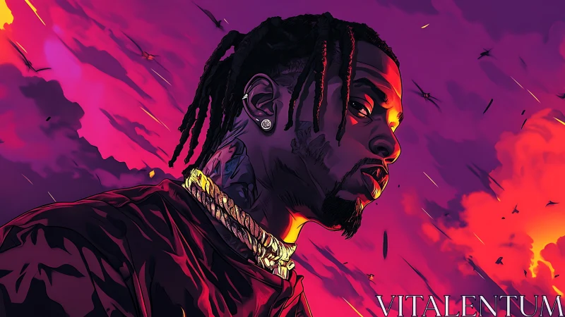 Cel-shaded rapper portrait under neon magenta storm sky.
