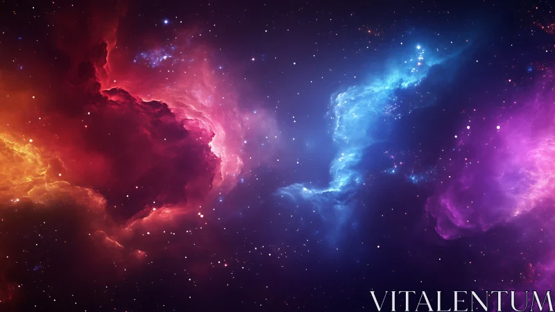 Contrasting red and blue nebula clouds are shown in deep space