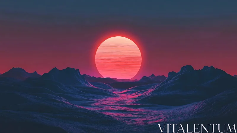 Spectral neon sun over polygonal twilight mountain basin.