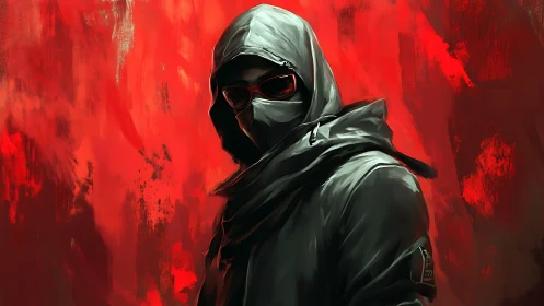 Hooded shadow carves silence into a storm of red light