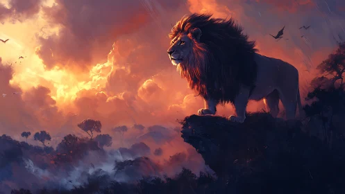 Male lion stands on rocky outcrop against illuminated clouds