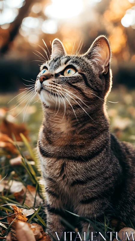 Tabby Cat Gazing Upward in Golden Hour Light