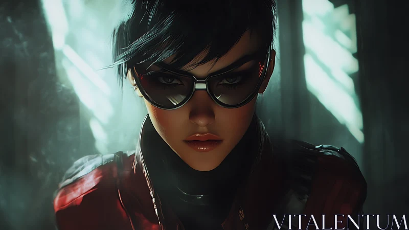 Cyber operative portrait with reflective visor lighting effect.