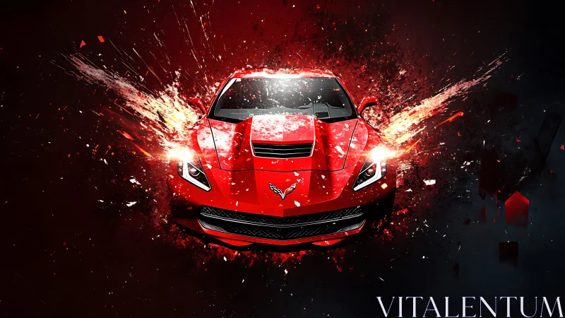 Explosive frontal render of red performance coupe in motion field.