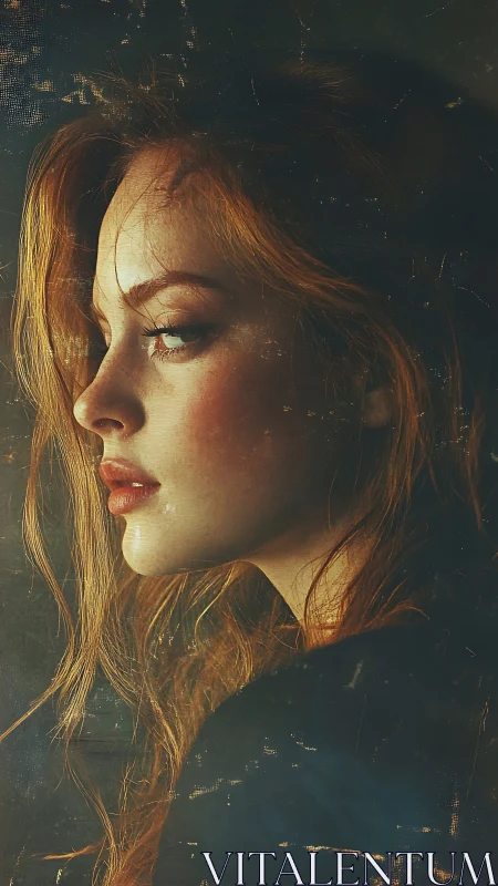 Pensive redhead in moody profile under painterly light.