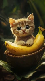 Kitten Resting in Banana Boat with Tropical Backdrop