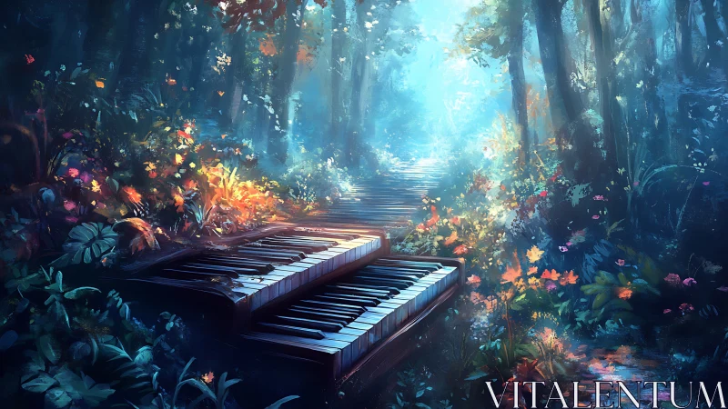 Piano keyboard sections lie embedded in a luminous forest path