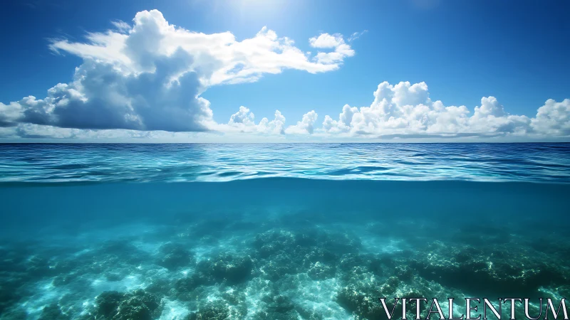 Tropical ocean horizon with split underwater reef view.
