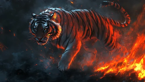 Firelit Tiger Crossing Through Embers And Midnight Smoke.