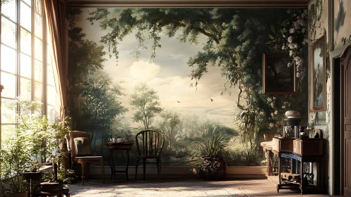 Interior with large landscape mural and vintage furniture.