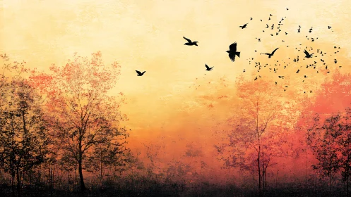 Silhouetted birds over autumn trees at vivid sunset sky.