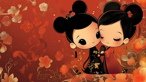 Two Children in Traditional Red Attire Kiss on Floral Background.