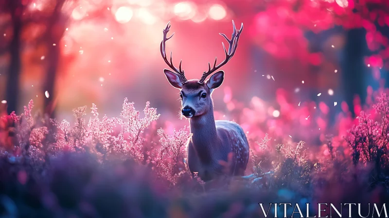Starlit stag wandering through a dream-bright rose forest.