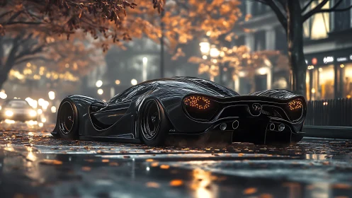 Futuristic black hypercar glides through rainy autumn streets.
