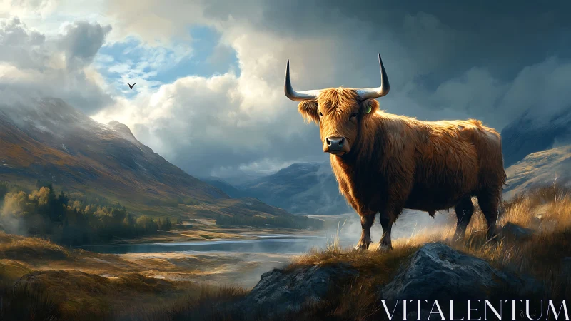 Highland cattle under dynamic atmospheric lighting in glen.