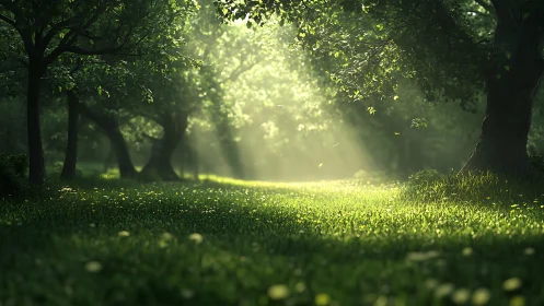 Sunlit forest clearing with lush grass and soft rays.