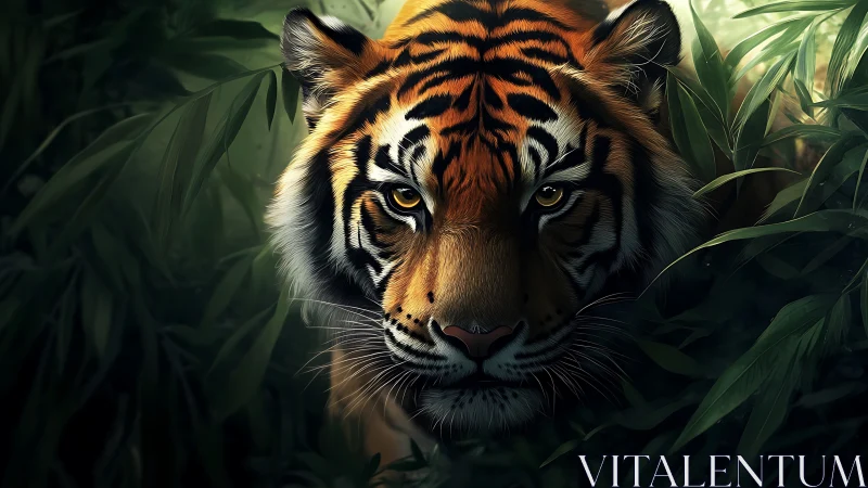 Tiger face emerging from dense green foliage in low light.