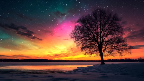 Silhouetted winter tree against high-saturation aurora sunset sky