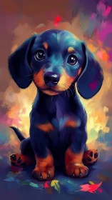 Digital illustration shows dachshund puppy in colorful setting