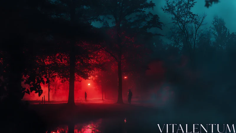 Two figures stand on misty path under red streetlights at night