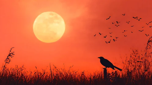 Crimson dusk sky with full moon, crow silhouette and flying bats