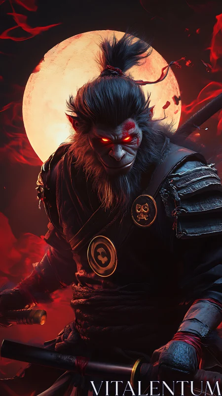 Anthropomorphic warrior monkey before full moon background.
