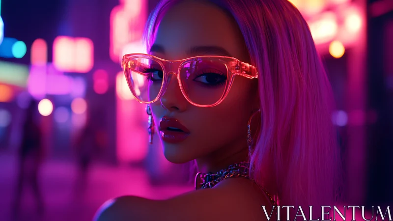 Neon-lit girl turns in glowing cyber city night haze