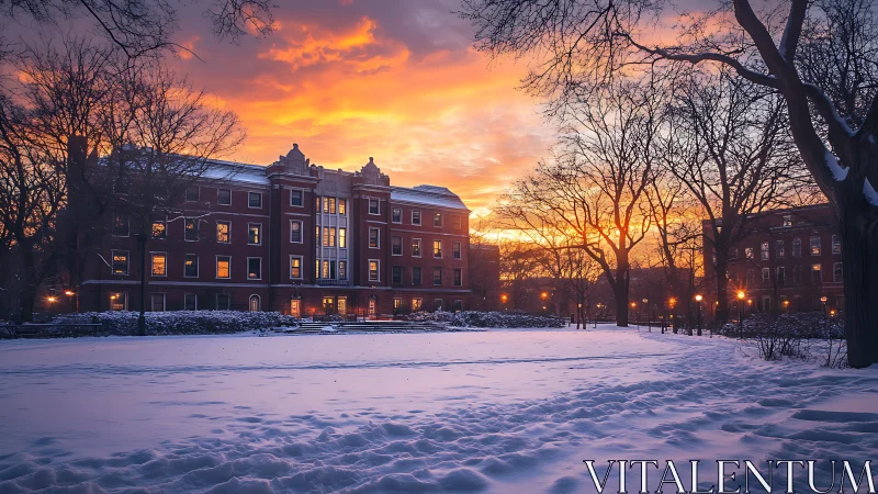 Winter campus quad at sunset with snowfield and warm window lighting