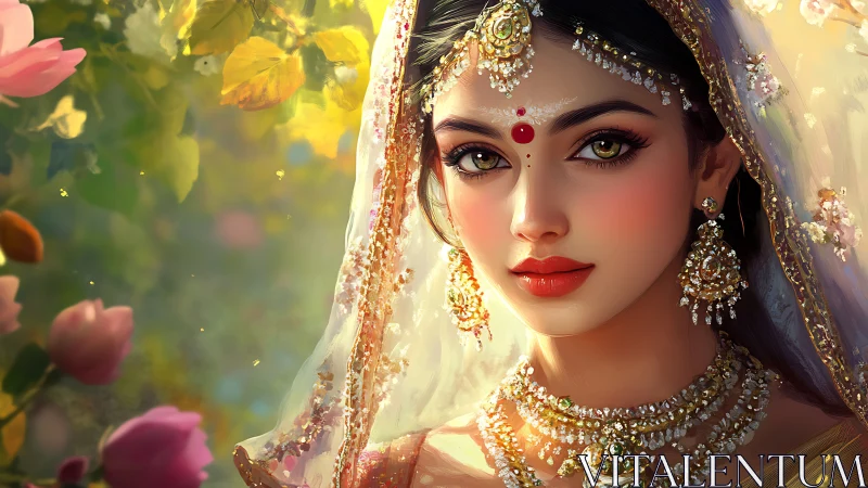 Digital portrait of jeweled Indian bride in soft bokeh garden light