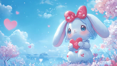 Anthropomorphic rabbit holding heart in pastel spring field.