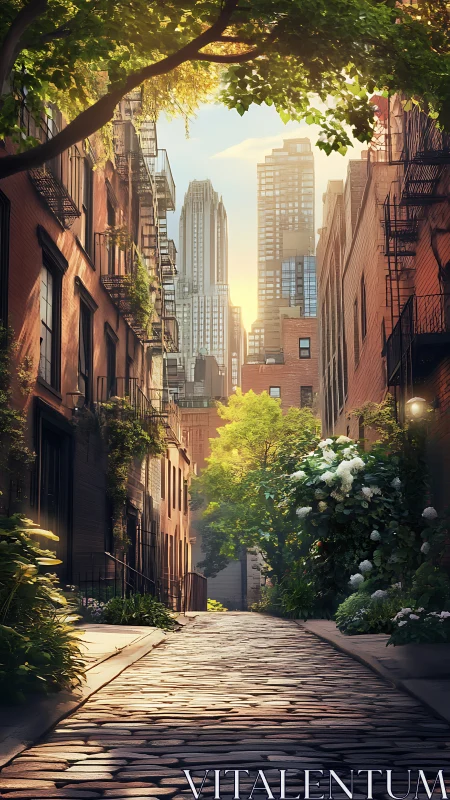 Sunlit cobblestone alley framed by lush urban greenery.