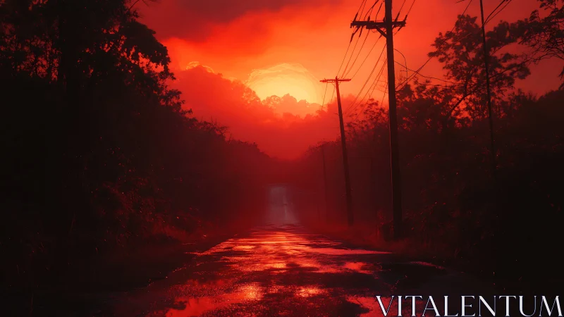 Rural road with power lines under intense red sunset sky.