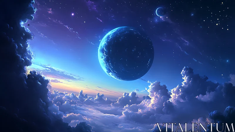 Starlit blue planet rises gently above glowing cloud seas