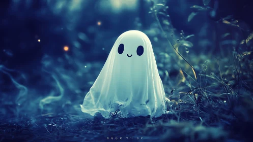 Cute spectral character in misty blue woodland ambience.