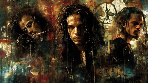 Brooding triptych of a lone rebel in swirling shadows.