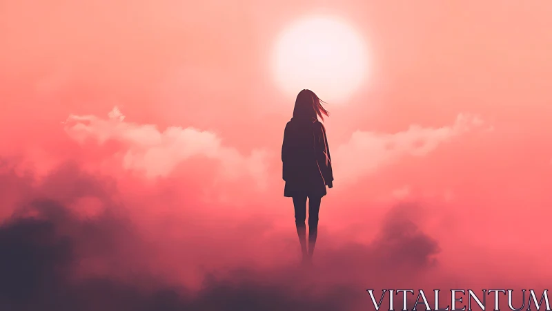 Solitary silhouette walking through radiant sunset clouds.