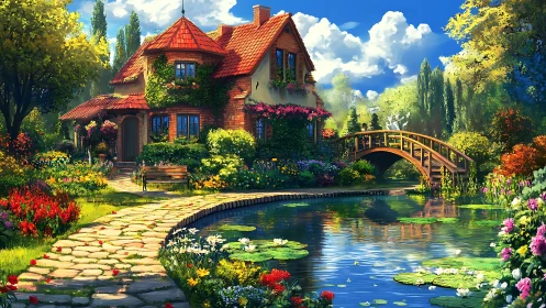Sunlit cottage garden hums beside a lily-dappled riverbend