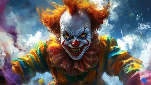 Sinister clown lunges forward with intense yellow glare.