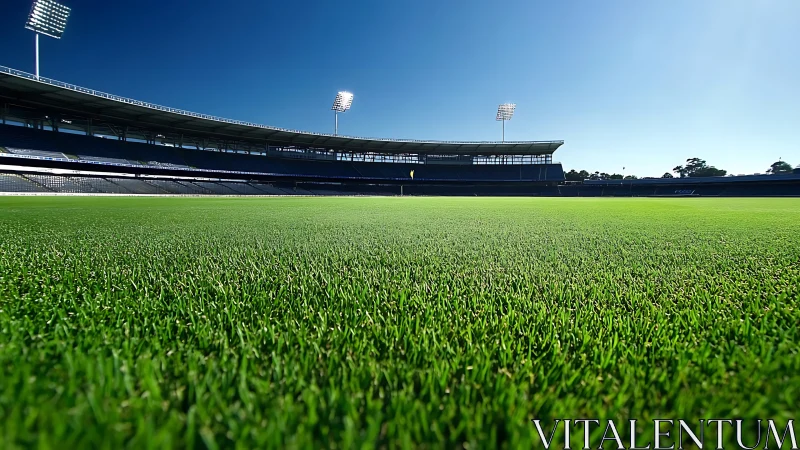 Sunlit stadium pitch with vivid green trimmed grass field